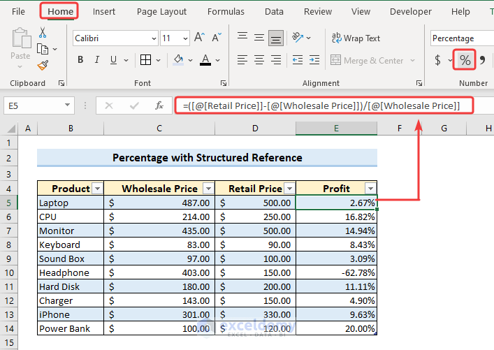 Calculate percentage with structured reference in Table