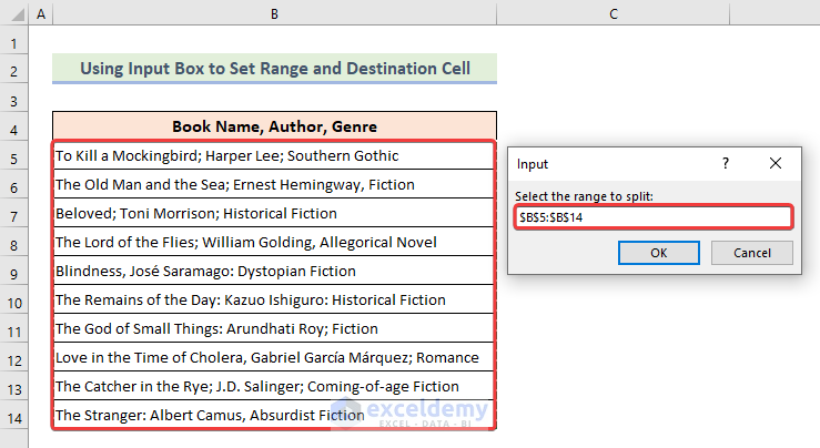Choosing cell range inside an InputBox to convert text to columns