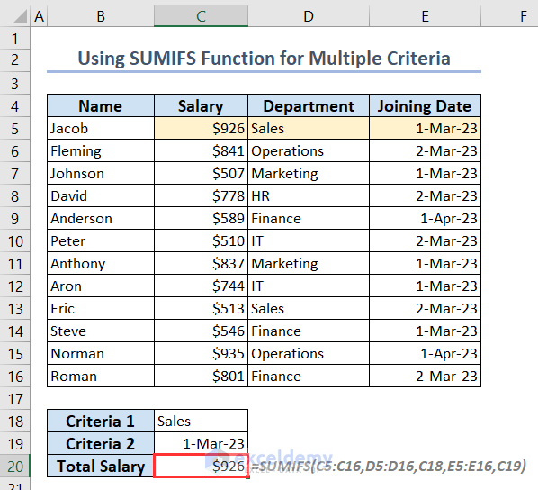 Showing correct result after using the SUMIFS function for multiple criteria