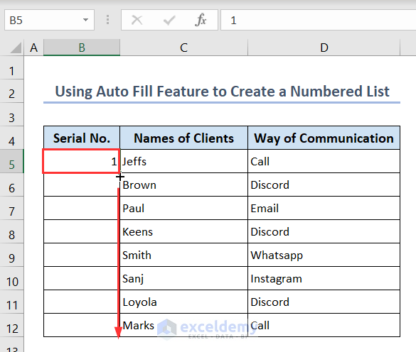 Using Fill Handle tool to create a numbered list