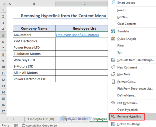 Using context menu to remove hyperlink