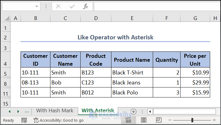 Output image for Excel VBA Like Operator with Asterisk at the end