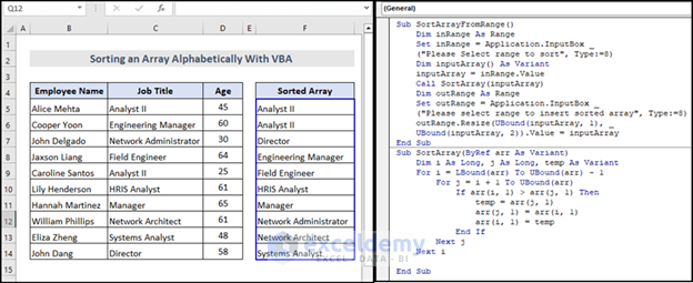final output image of VBA code to Sort an array Alphabetically using Excel VBA