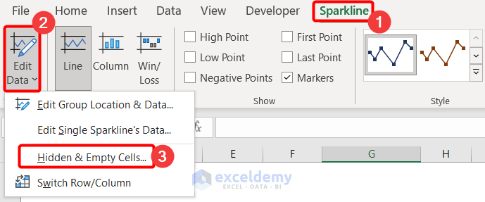 Selecting Hidden & Empty Cells option from Edit Data option