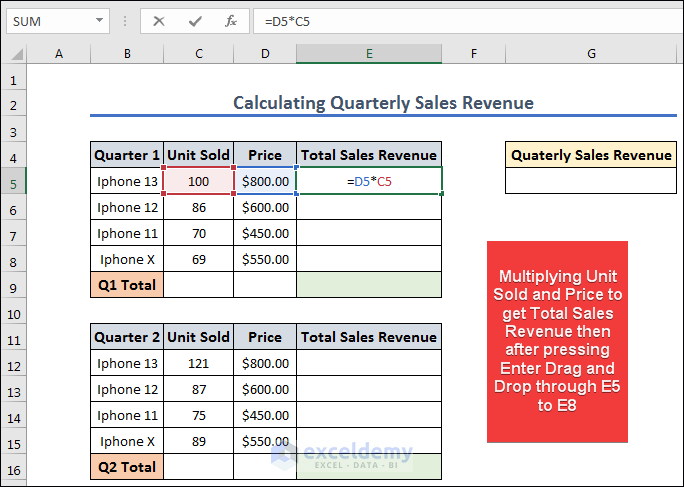 Calculating Individual Sales Revenue of Quarter 1