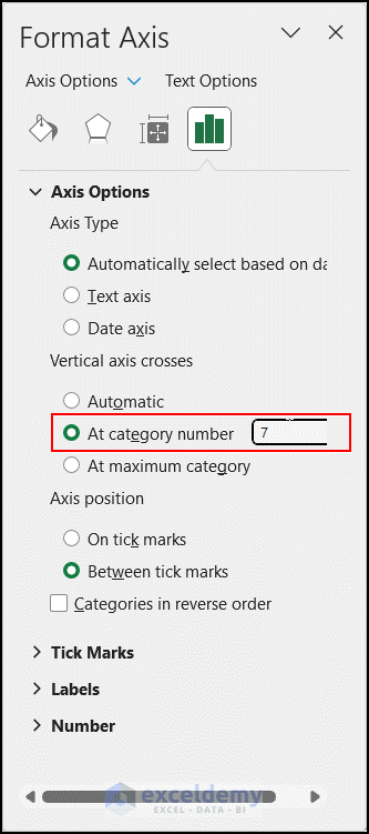 Changing At category number in Format Axis pane