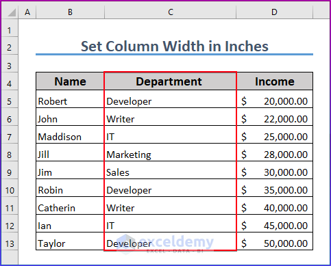 Showing Output How to Set Column Width in Inches in Excel VBA