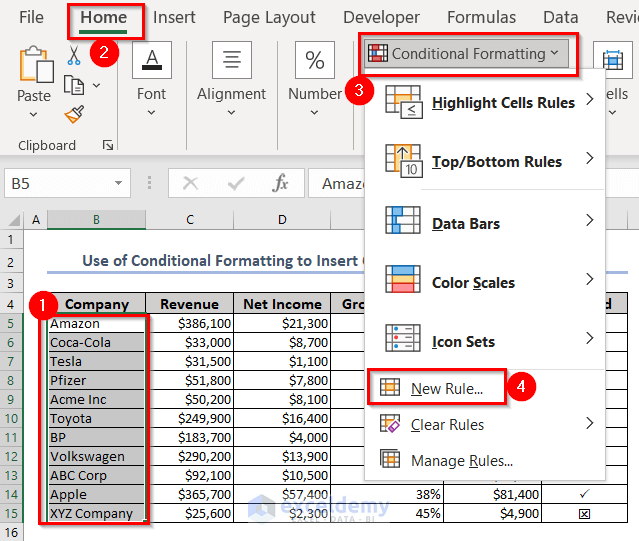 Use of Conditional Formatting to Highlight Check Mark