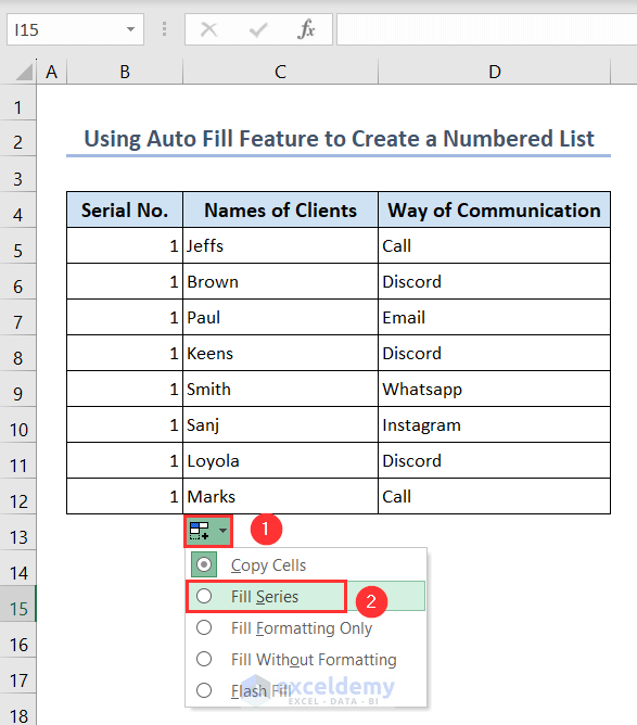 Using Fill Series option to create a numbered list
