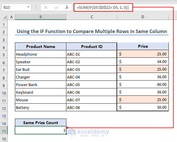 Using the IF function to compare multiple rows