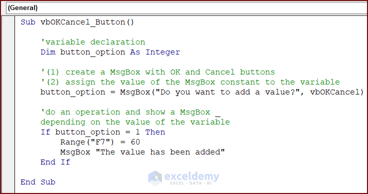 VBA Code for MsgBox with OK and Cancel Buttons