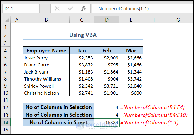 couting number of columns using udf for entire sheet