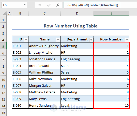 using table to number rows
