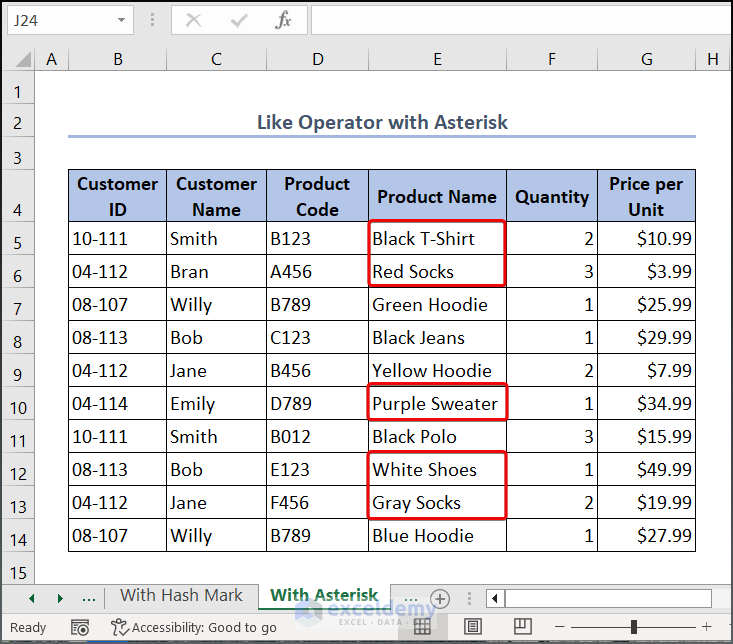 Dataset for Excel VBA Like Operator with Asterisk at both ends