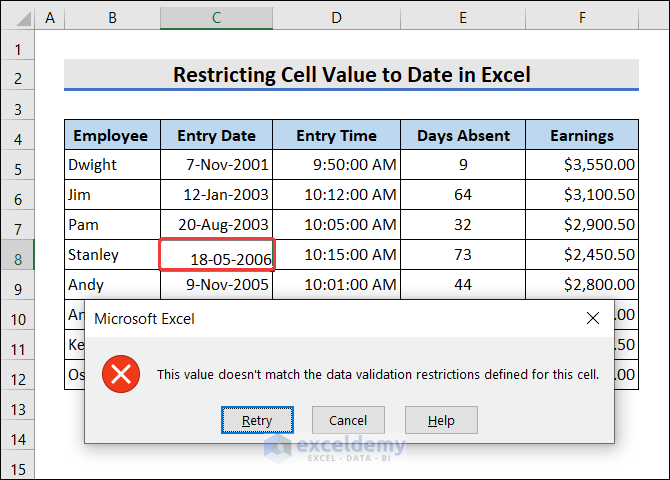 Limit Cell Value to Date in Excel