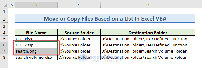 Move selected files from one folder to another using Excel VBA