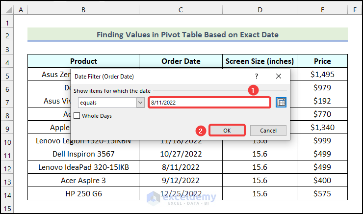 Inserting filtering criteria in the Date Filter (Product) dialogue box
