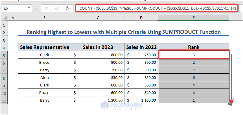 Rank Highest to Lowest with Multiple Criteria Using SUMPRODUCT Function