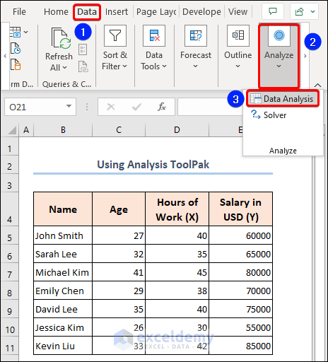 Choosing Data Analysis option from the Data tab