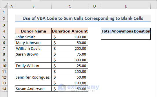 Dataset for Use of VBA Code to Sum Cells Corresponding to Blank Cells