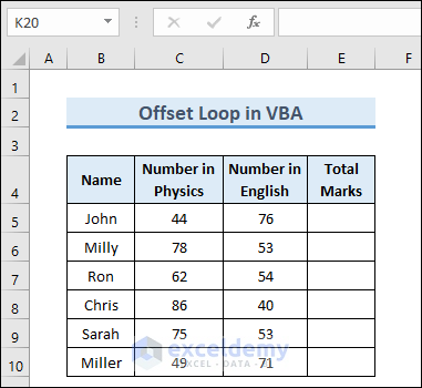 Dataset of Offset Loop in VBA