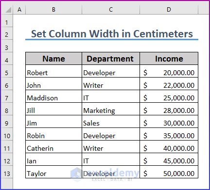 Sample Dataset to Set Column Width in Centimeters