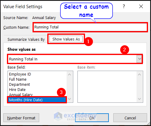 value field settings for running sum