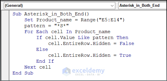 Code image for Excel VBA Like Operator with Asterisk at both ends