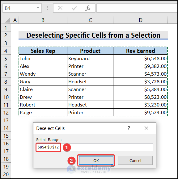 Deselect Specific Cells from Selection