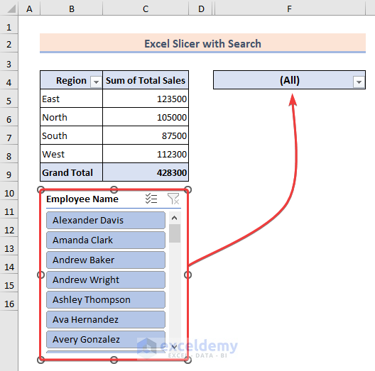 Dragging the slicer over the search feature cell