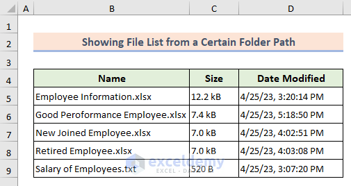 Final result with file list from a certain path in excel