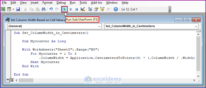 How to Set Column Width in Centimeters in Excel VBA