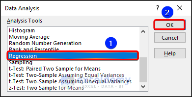 Selecting Regression option from the Data Analysis window