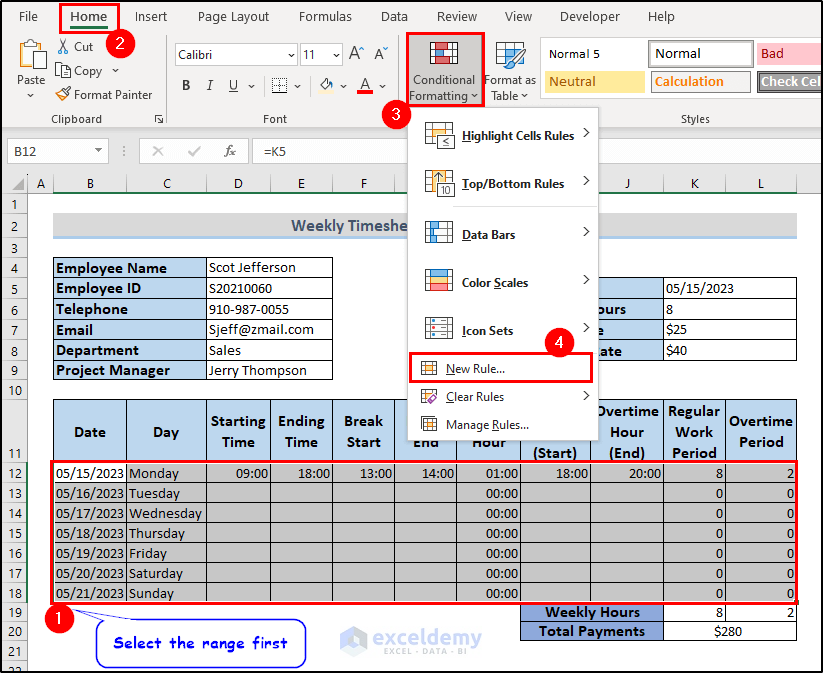 applying new rule for conditional formatting timesheet