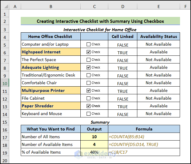 interactive checklist with summary
