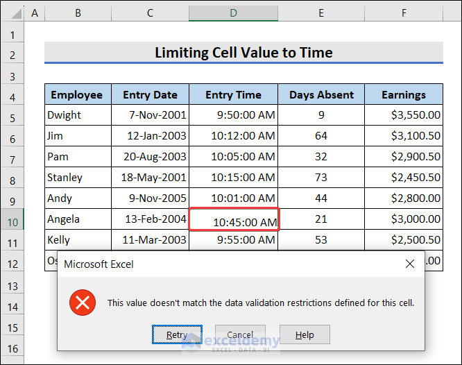 Limit Cell Value to Time in Excel