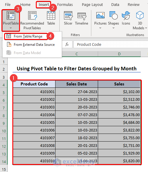 Creating pivot table with selected cells