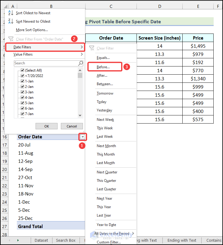 Using Date Filters option to filter Pivot Table based on cell value that is before a specific date in Excel