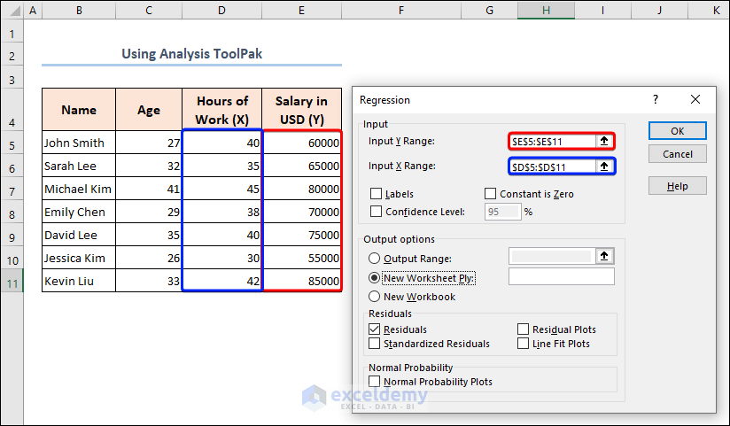Choosing Input Range and Output Range for the Regression window