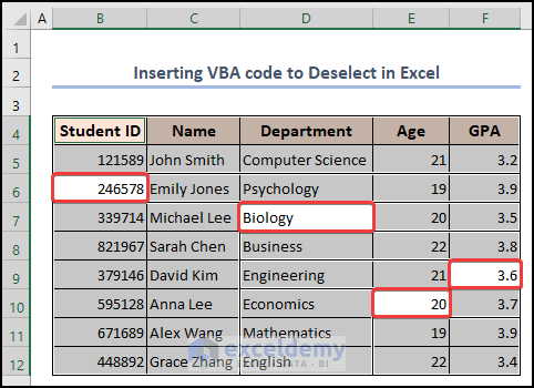 Final output with deselecting cells using VBA code