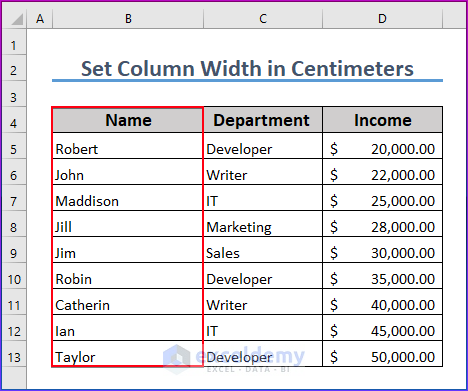 Showing Output How to Set Column Width in Centimeters in Excel VBA 