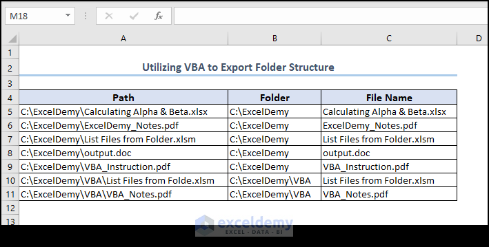 exported folder structure with VBA