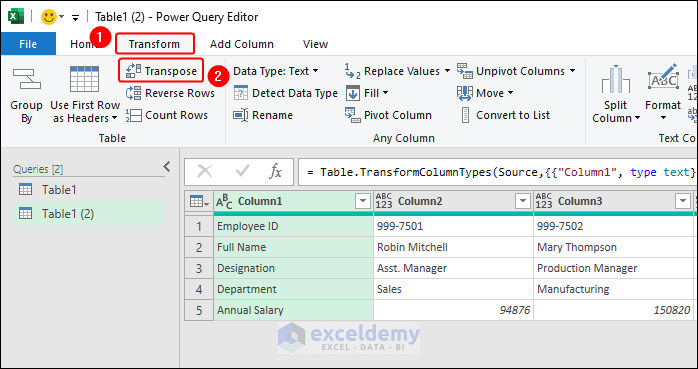 transpoing in power query editor to swap columns and rows in Excel
