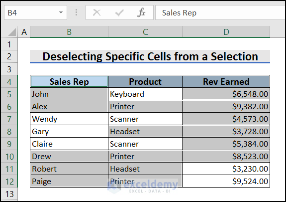 Deselect Specific Cells from Selection