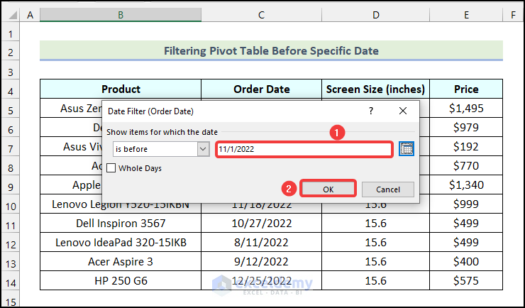 Inserting filtering criteria in Date Filter (Order Date) dialogue box