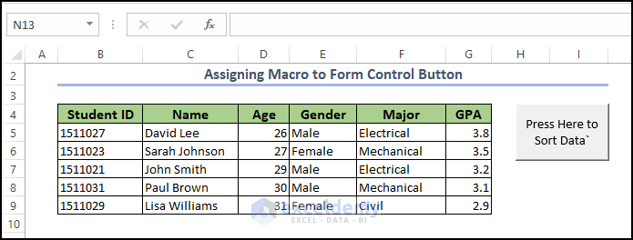 Button on the worksheet after drawing it to assign a macro to the button in Excel