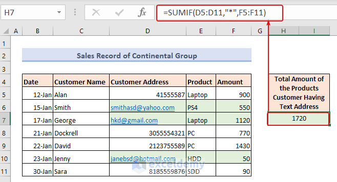 Using the SUMIF function to sum if cell contains number and text