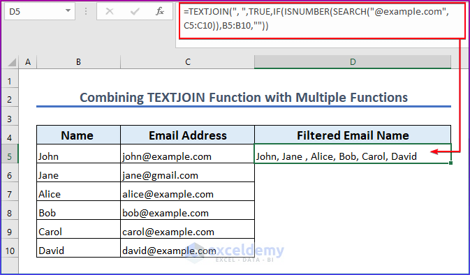 Combining the TEXTJOIN Function with Multiple Functions to Filter Email Addresses in Excel