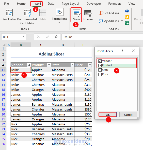 Process of Inserting Slicer in Excel