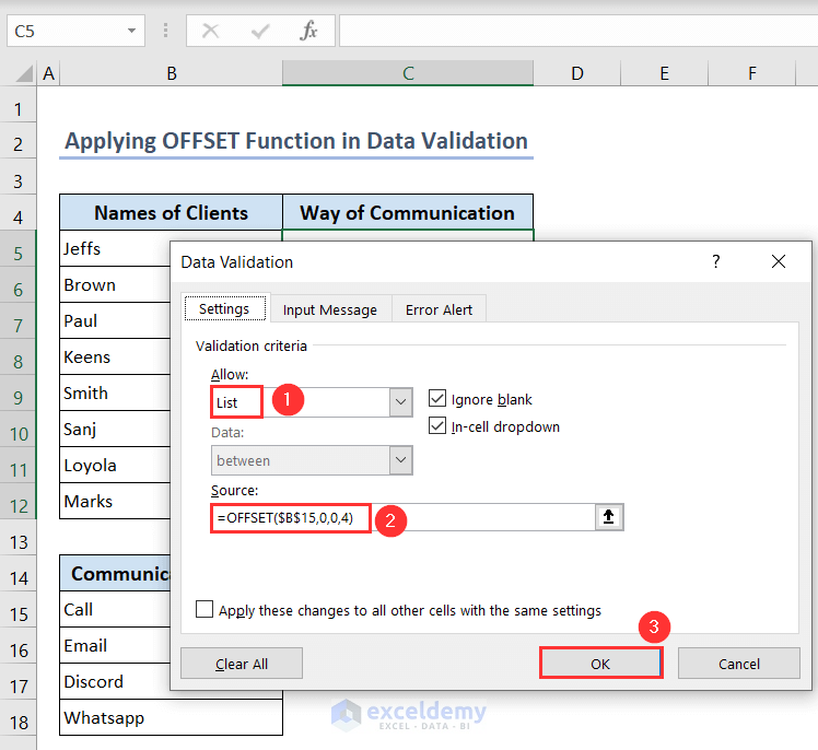 Putting OFFSET function in Data Validation window